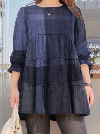 Frauen Plaid Puff Sleeve Loose Splicing O-ausschnitt Plissee Plain Casual Blusen