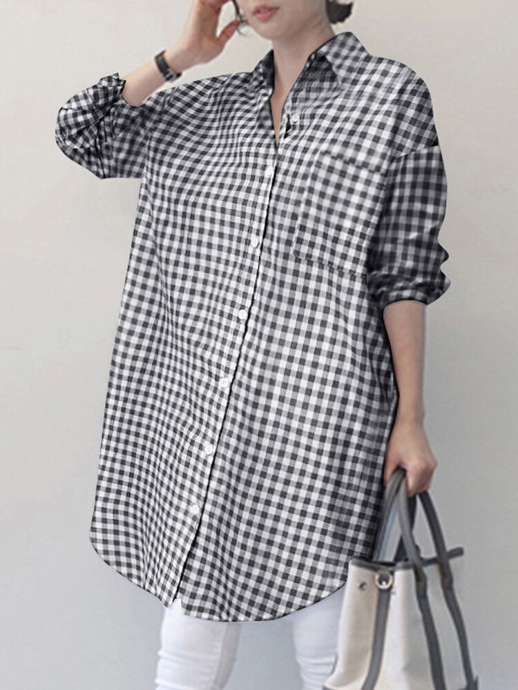 Frauen Plaid Side Fork Buttons Full Sleeve Loose Cutting Revers Shirt