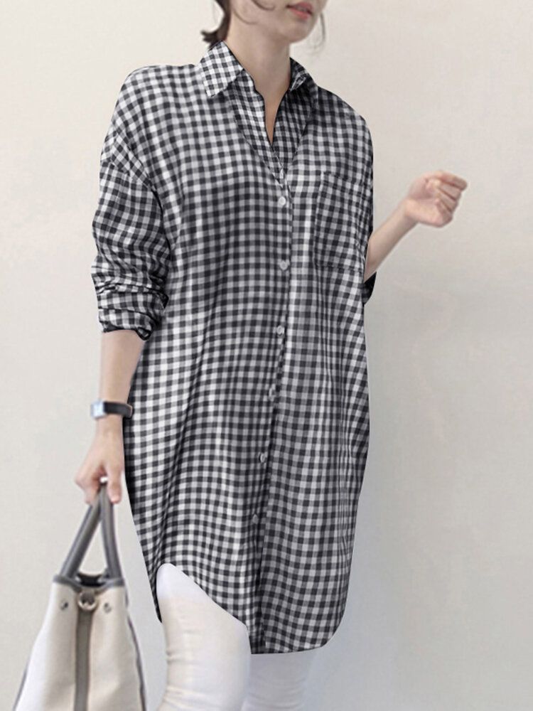 Frauen Plaid Side Fork Buttons Full Sleeve Loose Cutting Revers Shirt