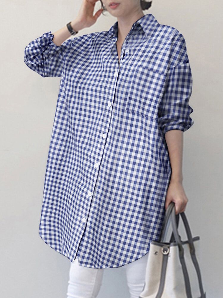 Frauen Plaid Side Fork Buttons Full Sleeve Loose Cutting Revers Shirt