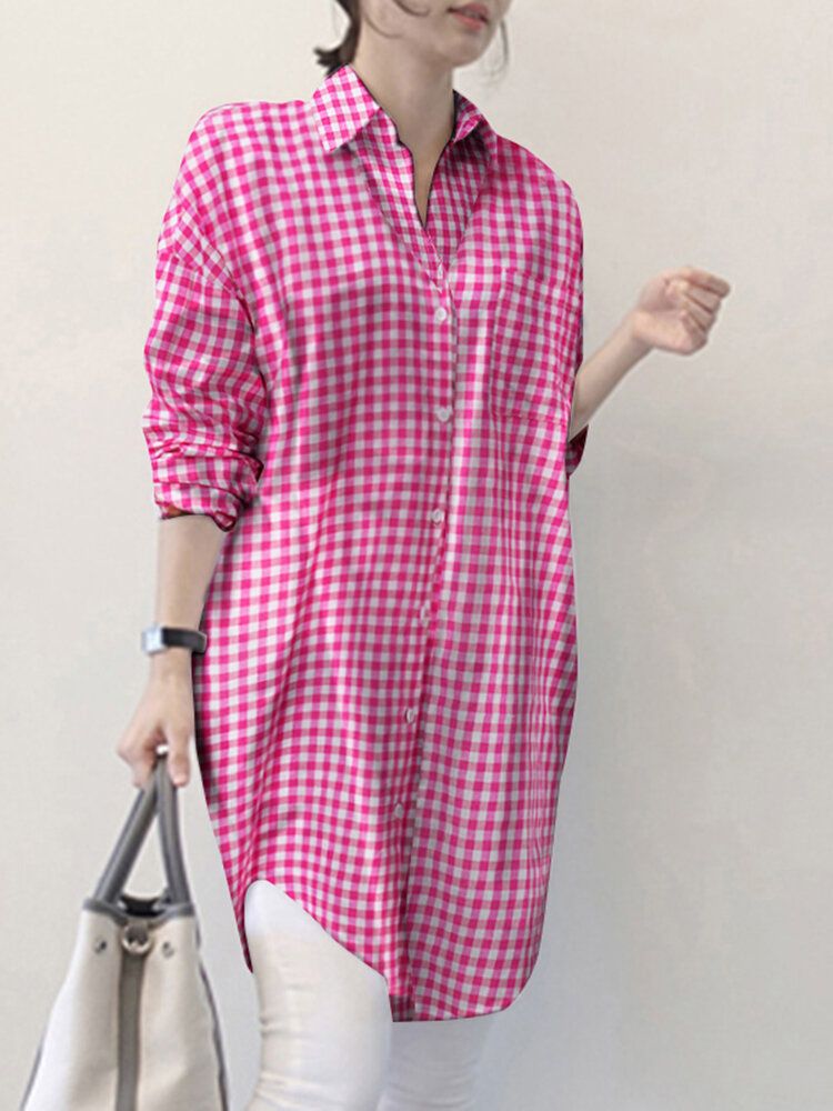 Frauen Plaid Side Fork Buttons Full Sleeve Loose Cutting Revers Shirt