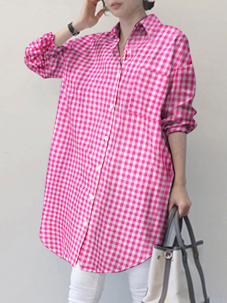 Frauen Plaid Side Fork Buttons Full Sleeve Loose Cutting Revers Shirt