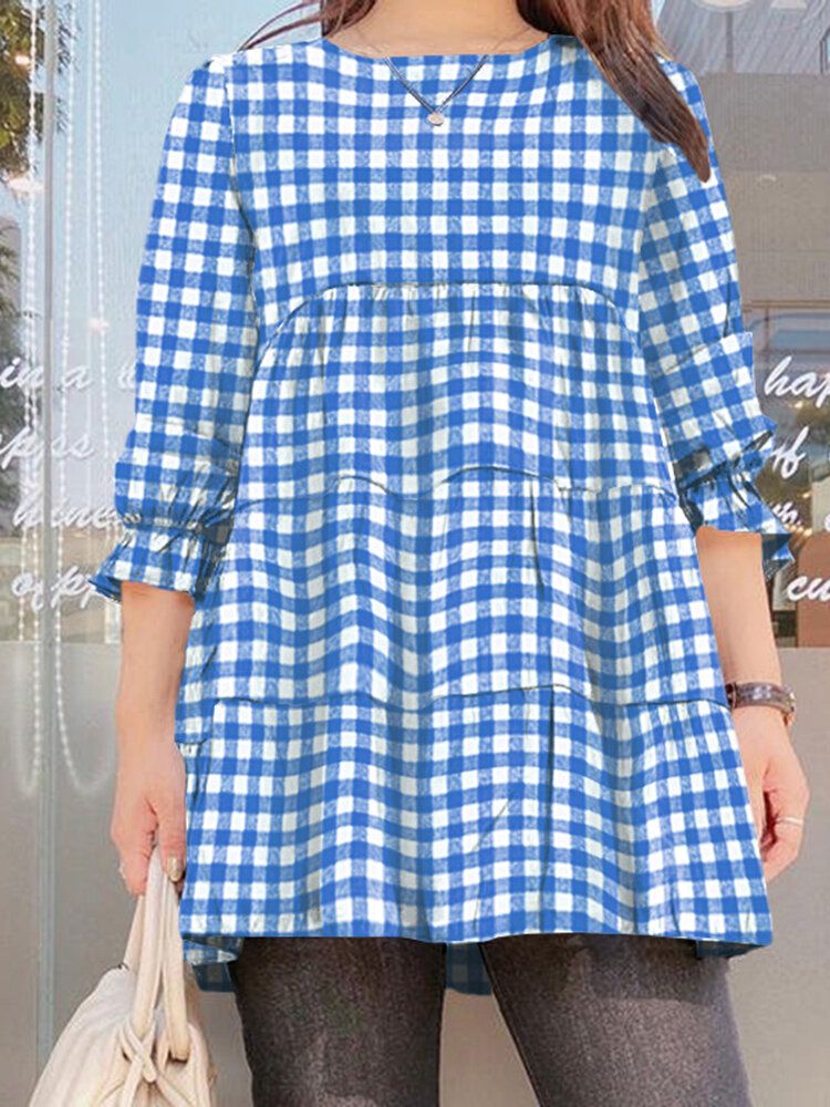 Frauen Puffärmel O-ausschnitt Spliced Plaid Casual Loose Bluse