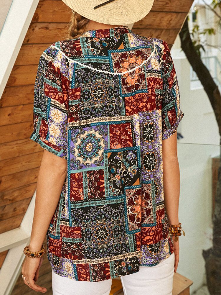 Frauen Vintage Mixed Print Ethnic Style Button Up Patchwork Kurzarmbluse