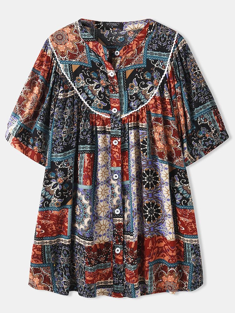 Frauen Vintage Mixed Print Ethnic Style Button Up Patchwork Kurzarmbluse