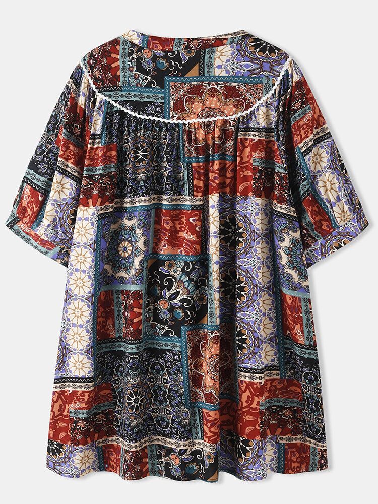 Frauen Vintage Mixed Print Ethnic Style Button Up Patchwork Kurzarmbluse