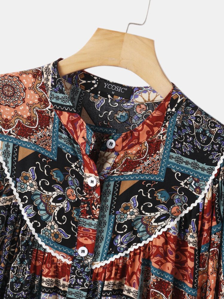 Frauen Vintage Mixed Print Ethnic Style Button Up Patchwork Kurzarmbluse