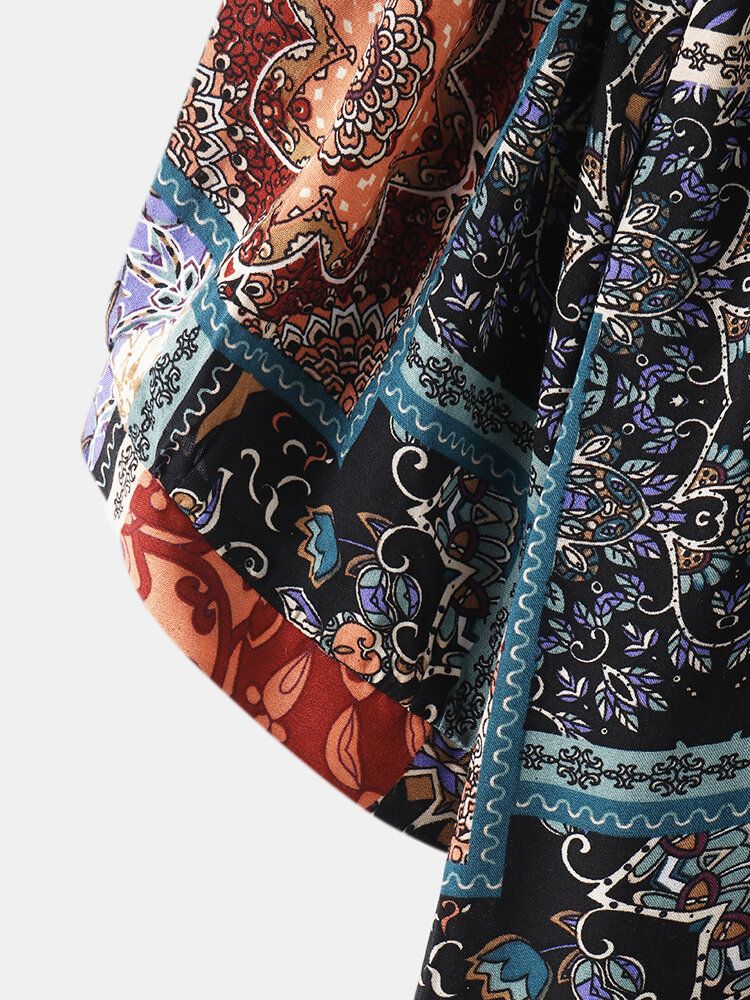 Frauen Vintage Mixed Print Ethnic Style Button Up Patchwork Kurzarmbluse