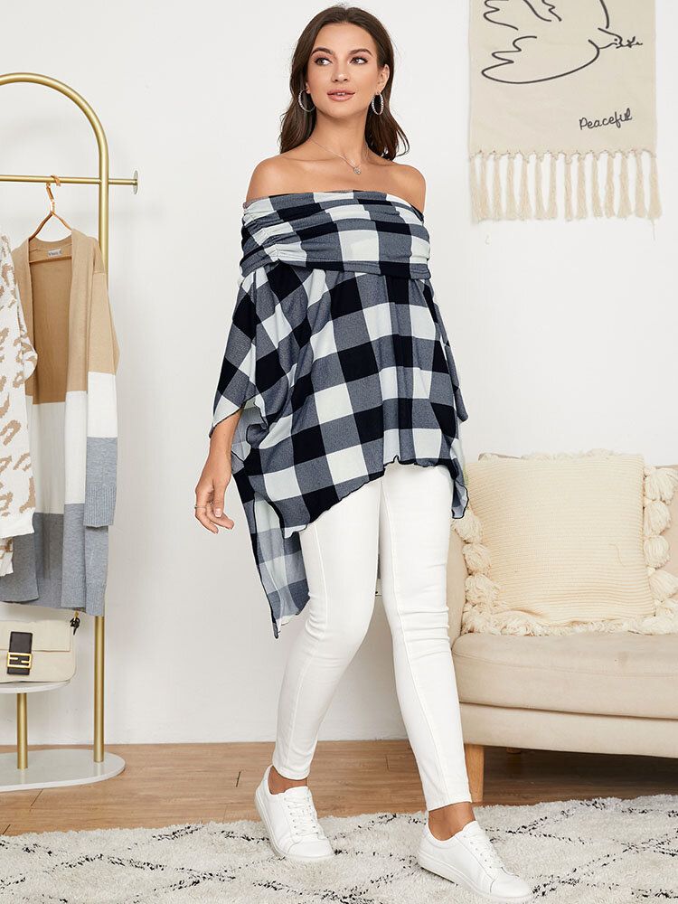 High-low Schulterfreie Cape-bluse Mit Karomuster