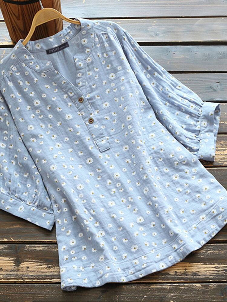 Kurzärmlige Bluse Mit Halbem Knopf Und Abgerundetem Saum Für Damen Im Retro-gänseblümchen-print