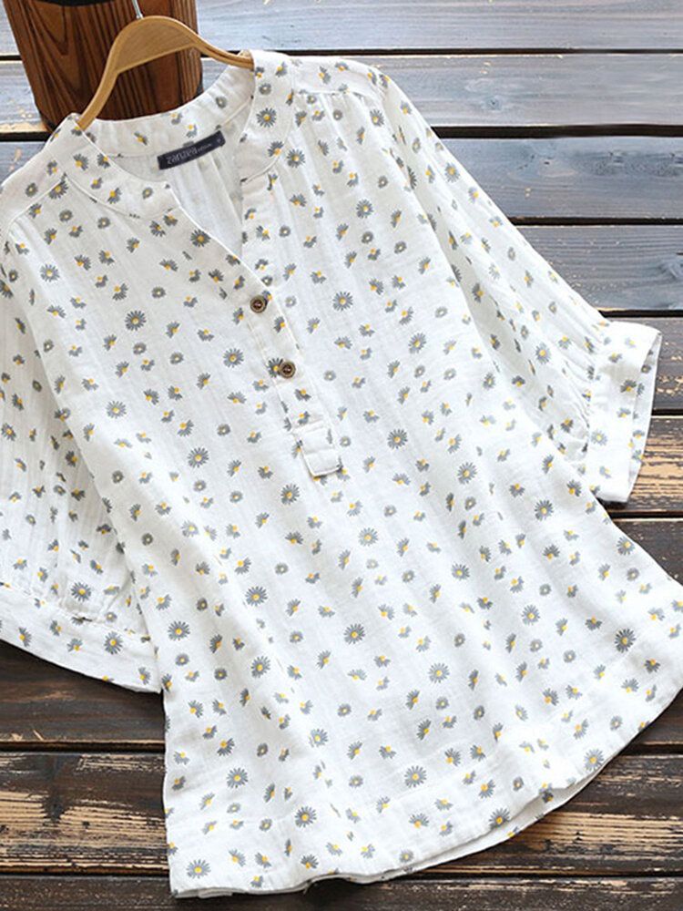 Kurzärmlige Bluse Mit Halbem Knopf Und Abgerundetem Saum Für Damen Im Retro-gänseblümchen-print