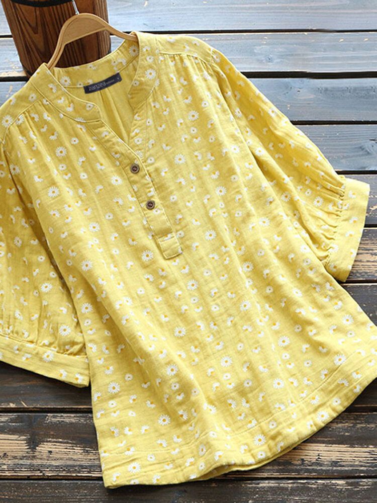 Kurzärmlige Bluse Mit Halbem Knopf Und Abgerundetem Saum Für Damen Im Retro-gänseblümchen-print