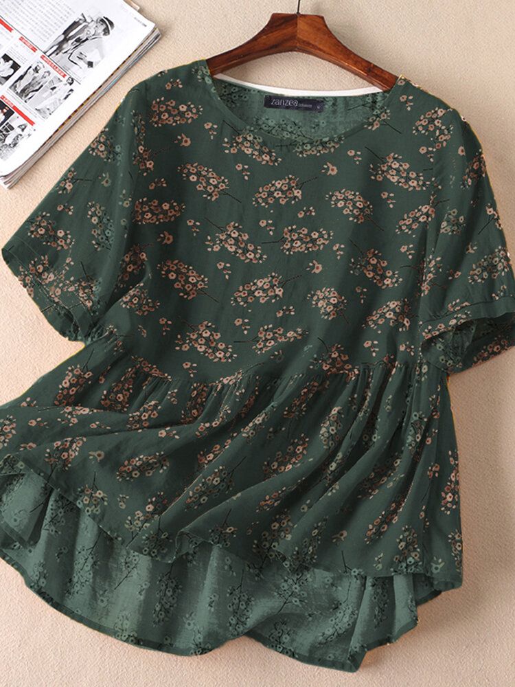 Kurzärmlige Lässige Bluse Mit Blumenmuster Und Rüschen Und Rundhalsausschnitt