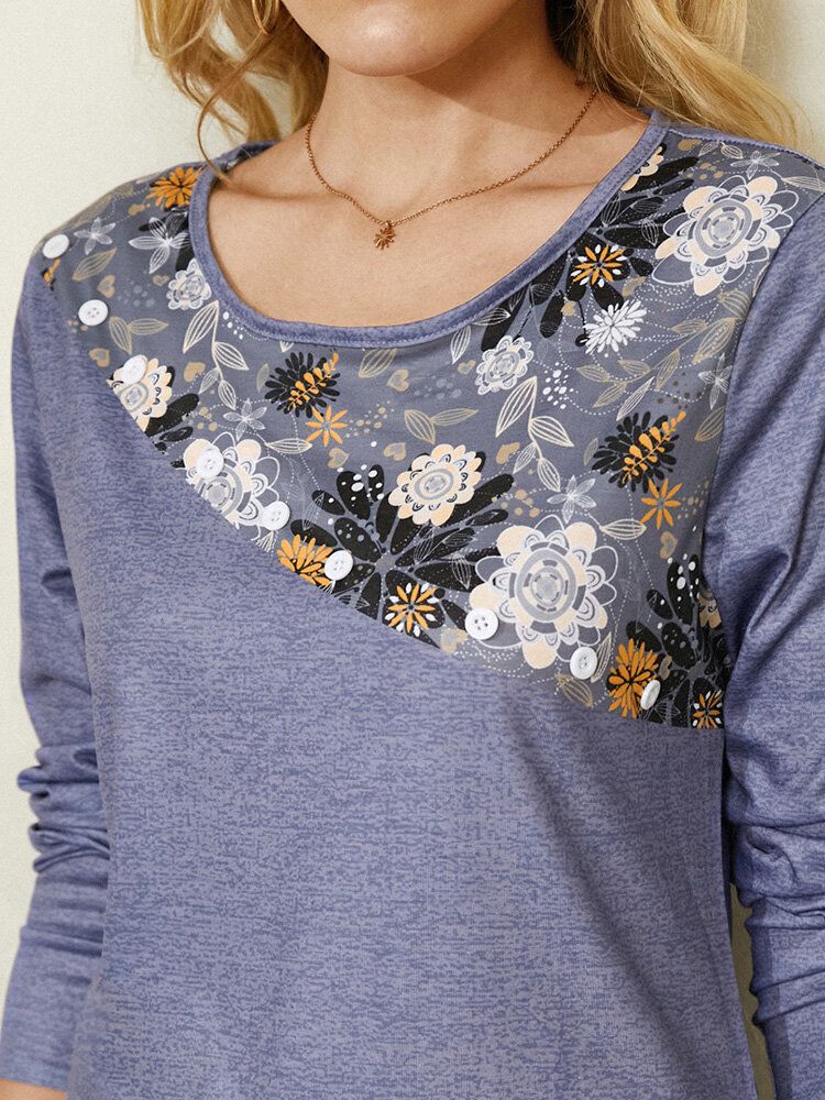 Langärmlige Bluse Mit Unregelmäßigem Saum O-ausschnitt Und Calico-print Für Damen