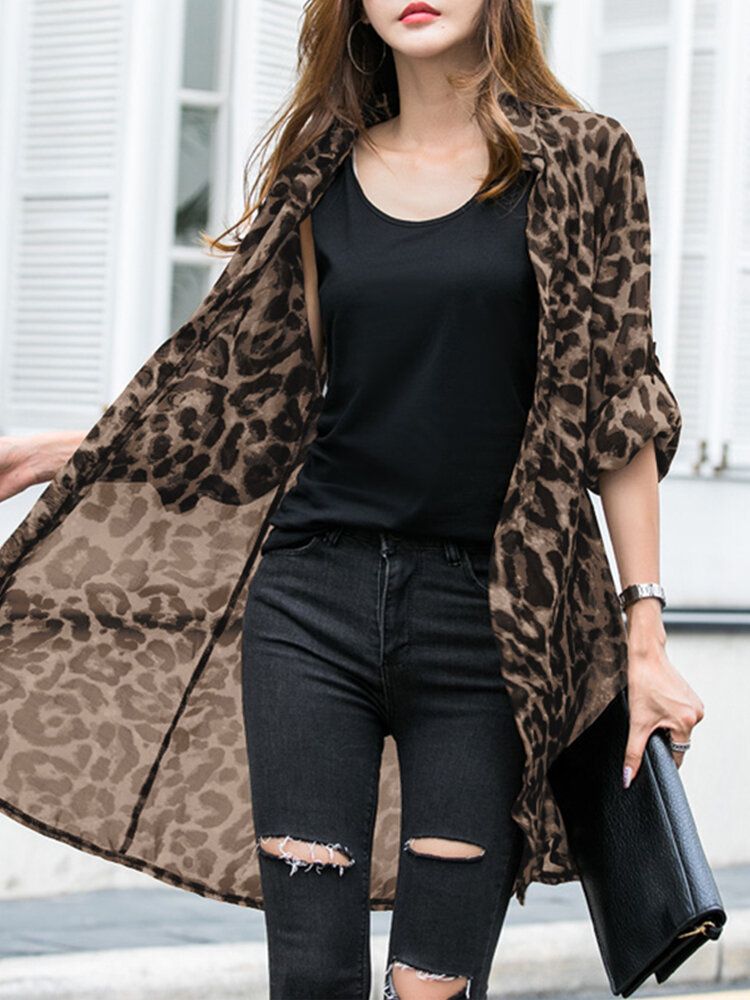 Langarm-freizeit-strickjacke Aus Dünnem Leichtem Chiffon Mit Leopardenmuster Für Damen