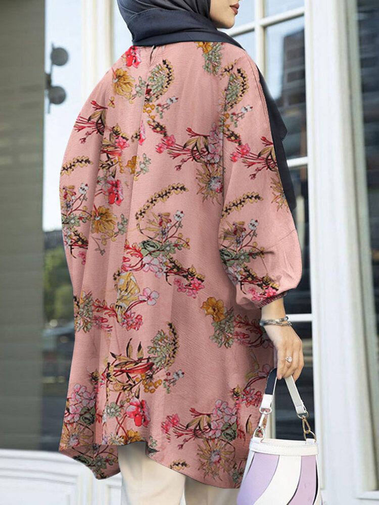 Lose Bluse Mit O-ausschnitt Blumenmuster Unregelmäßigem Saum Und Puffärmeln