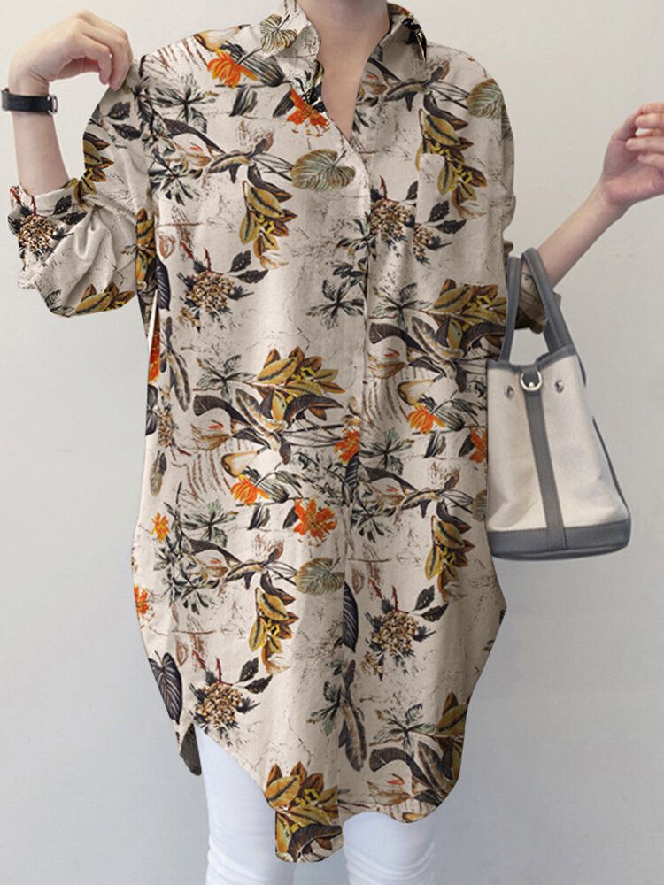 Loses Button-down-hemd Mit Revers Und Blumen-blätter-print