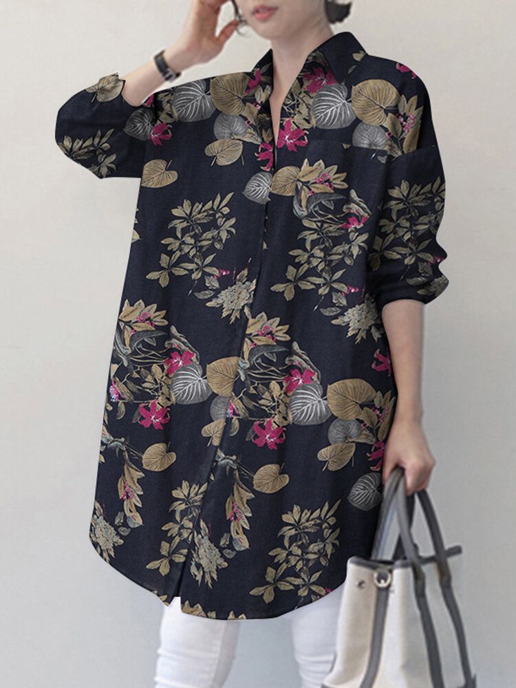 Loses Button-down-hemd Mit Revers Und Blumen-blätter-print