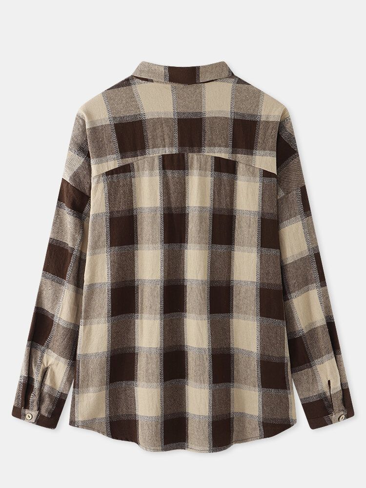 Plaid Print Vintage Button Loser Reverskragen Langarm Freizeitbluse Für Frauen