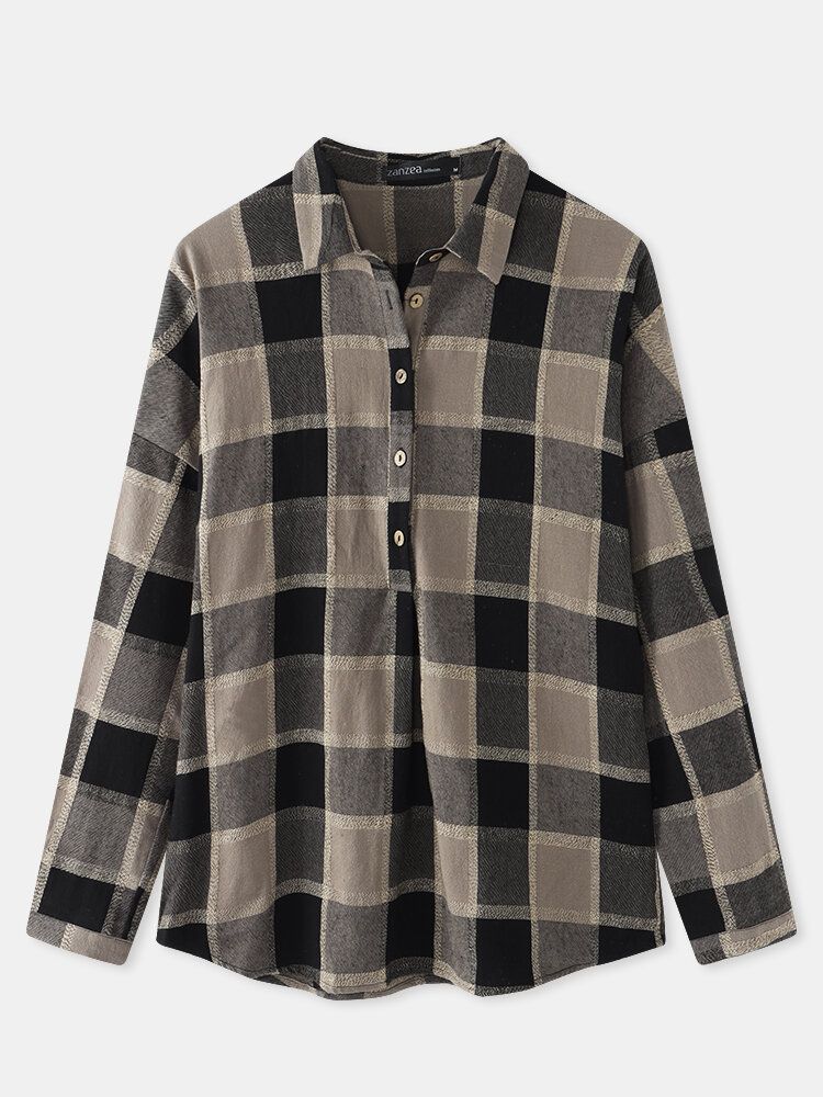 Plaid Print Vintage Button Loser Reverskragen Langarm Freizeitbluse Für Frauen