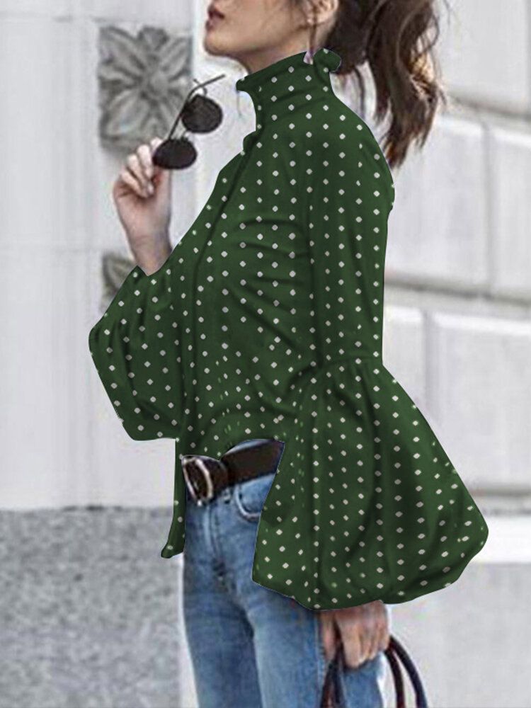 Polka Dot Print Stehkragen Lässige Laternenärmel Hemden Für Damen