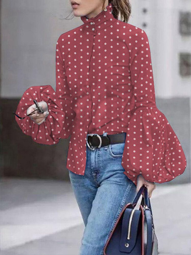 Polka Dot Print Stehkragen Lässige Laternenärmel Hemden Für Damen