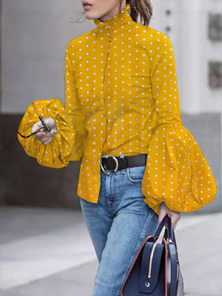 Polka Dot Print Stehkragen Lässige Laternenärmel Hemden Für Damen