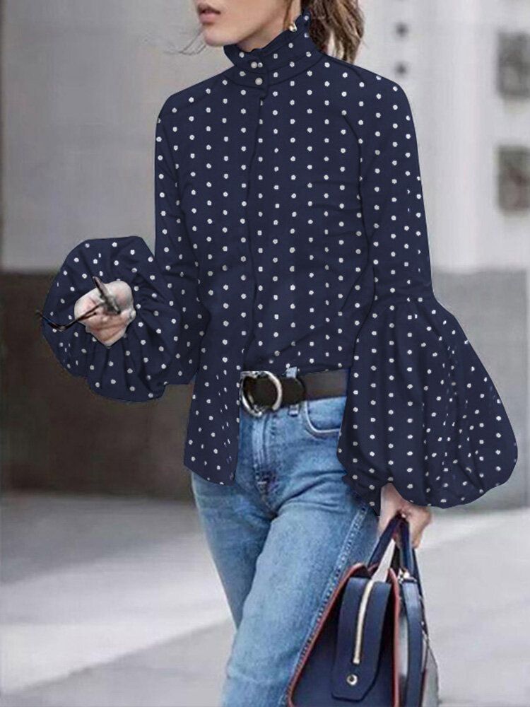 Polka Dot Print Stehkragen Lässige Laternenärmel Hemden Für Damen