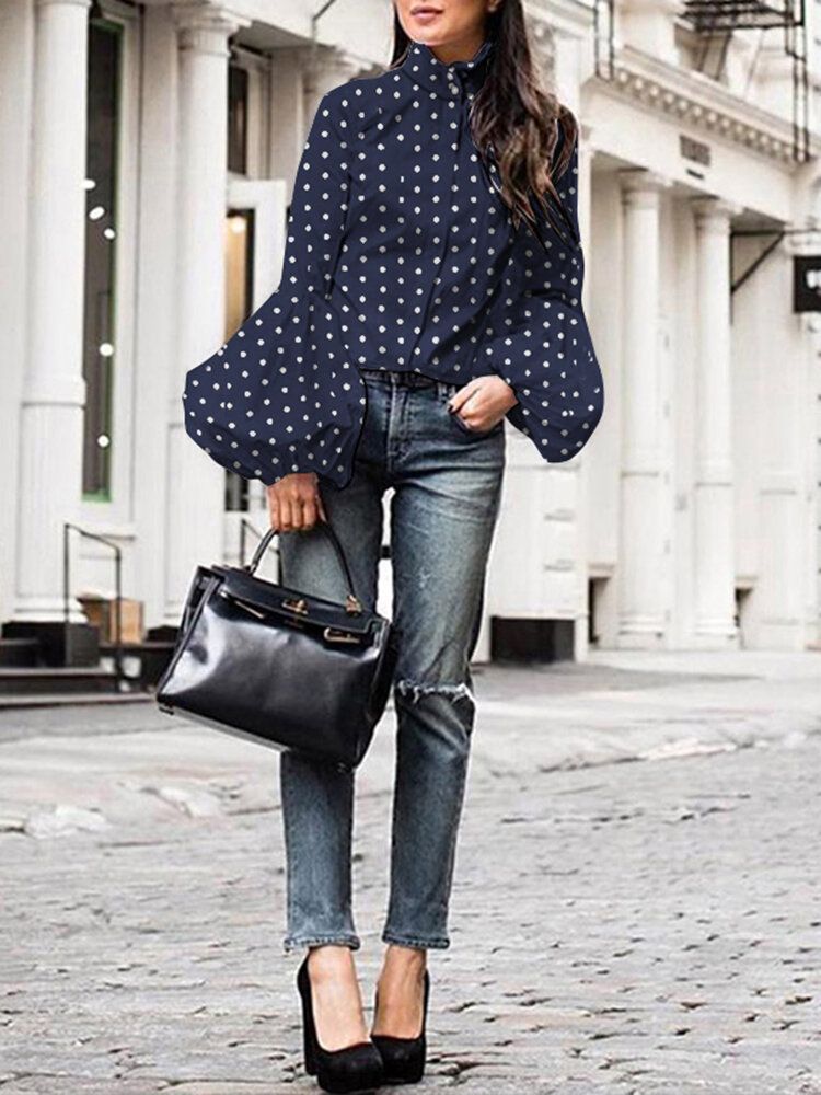 Polka Dot Print Stehkragen Lässige Laternenärmel Hemden Für Damen