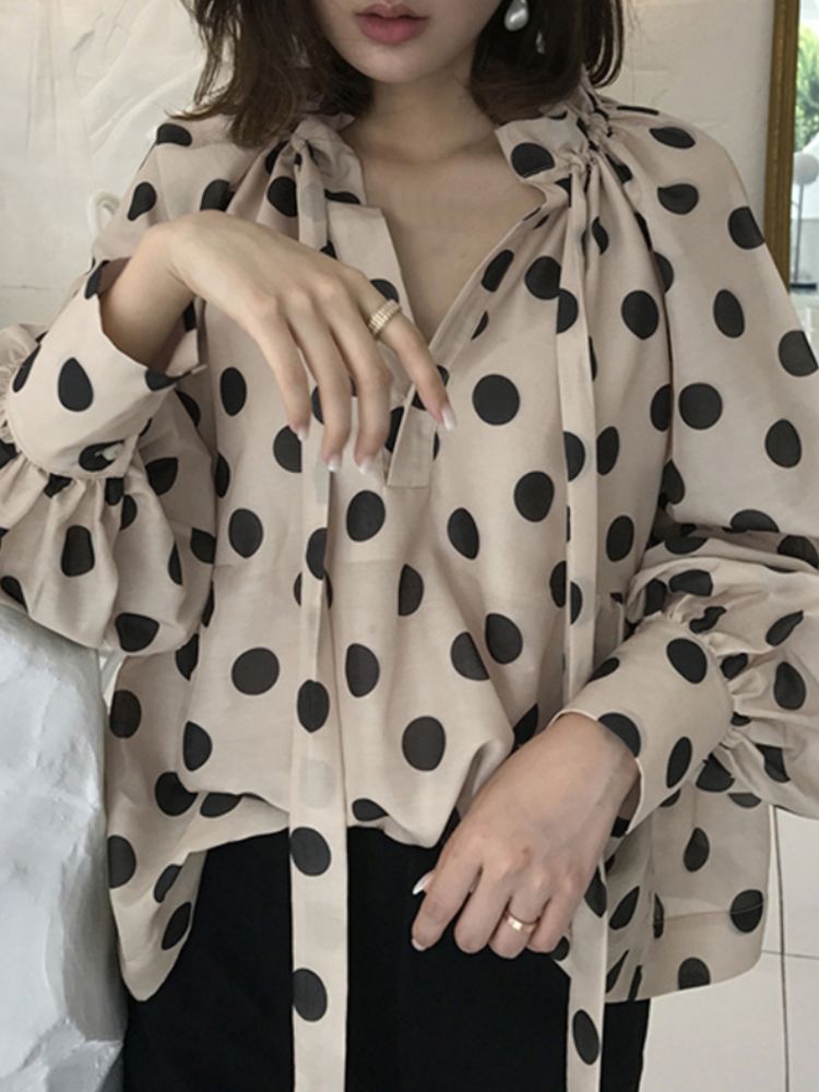 Polka Dots Printing Laternenärmel Ausschnitt Fliege Lässige Bluse Für Frauen