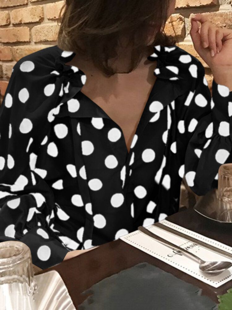 Polka Dots Printing Laternenärmel Ausschnitt Fliege Lässige Bluse Für Frauen