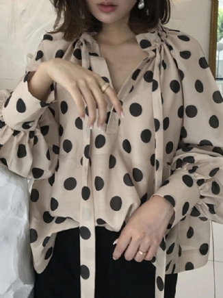 Polka Dots Printing Laternenärmel Ausschnitt Fliege Lässige Bluse Für Frauen