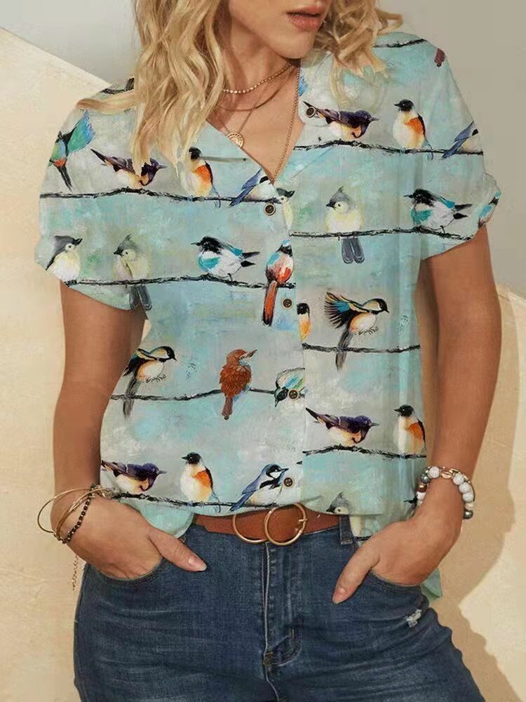 Vögel Print Kurzarm Reverskragen Vintage Blusen Für Damen