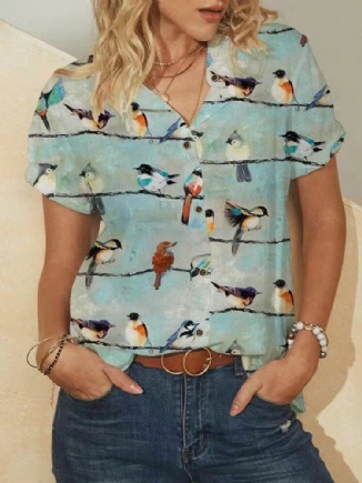 Vögel Print Kurzarm Reverskragen Vintage Blusen Für Damen