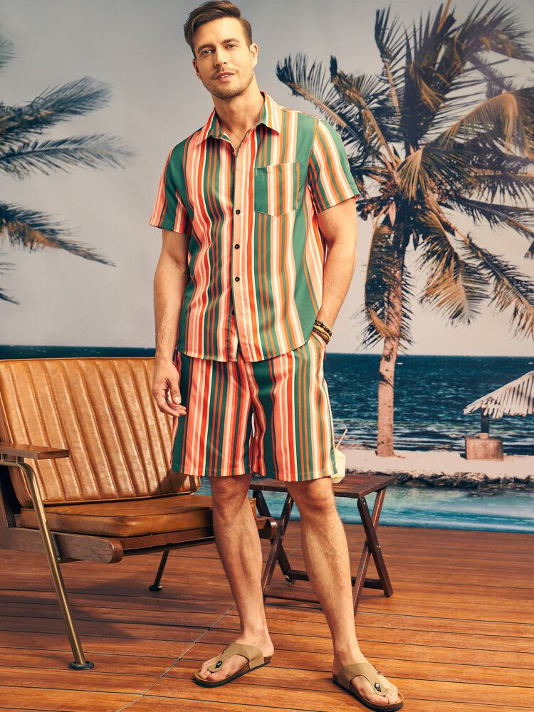 Herren Zweiteilige Outfits Mit Kontraststreifen Und Einer Tasche Im Hawaii-stil Mit Knöpfen