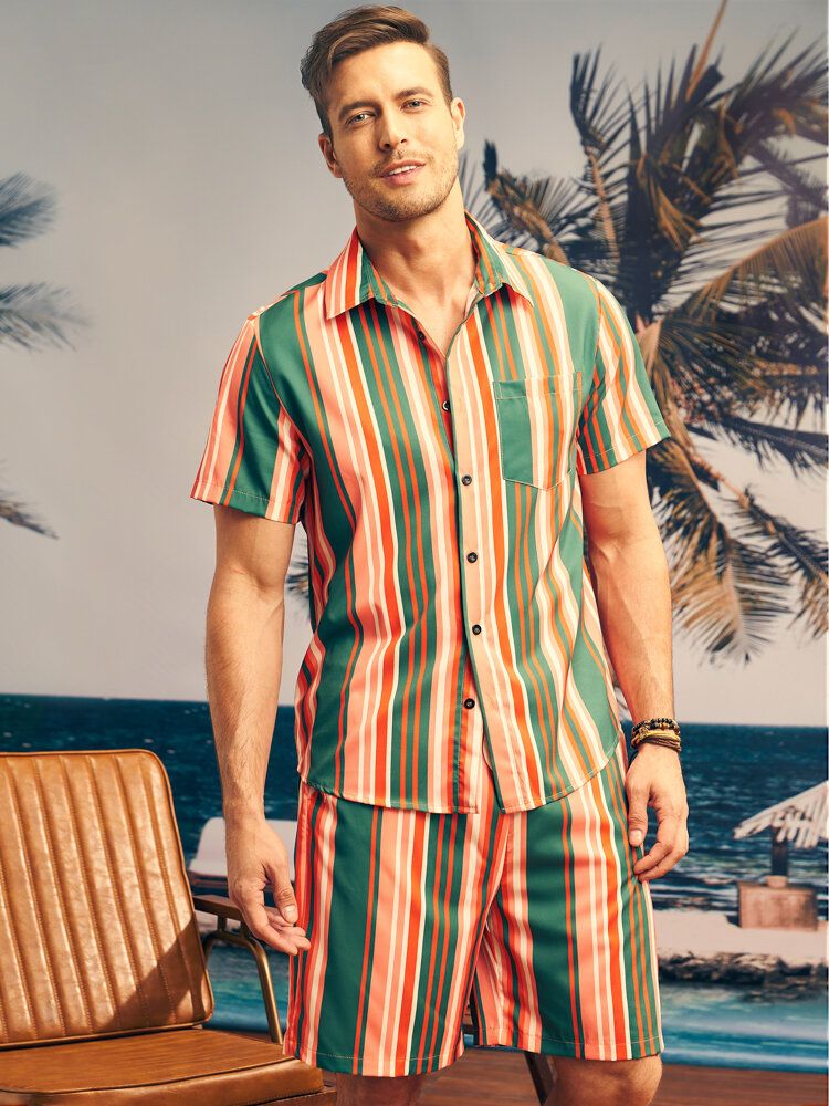 Herren Zweiteilige Outfits Mit Kontraststreifen Und Einer Tasche Im Hawaii-stil Mit Knöpfen