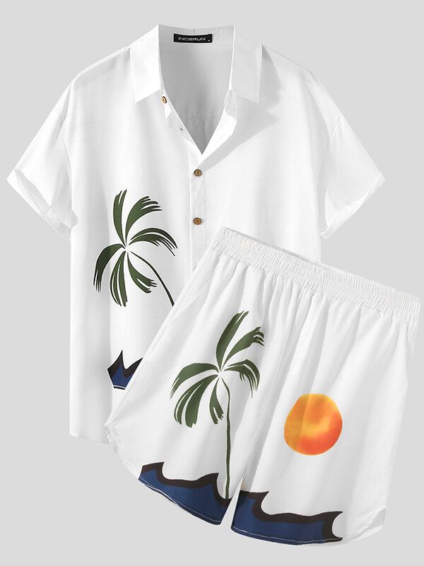 Herrenhemden Mit Sunset Beach-print Button-down-shorts-hemdset