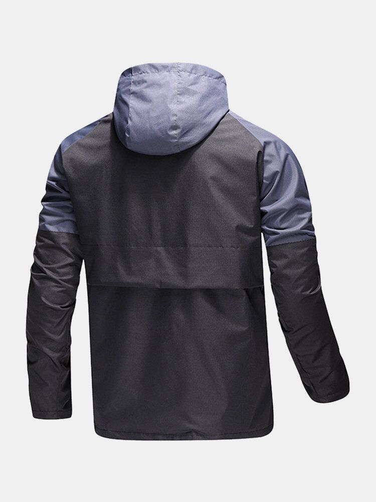 Wasserdichte Outdoor-jacke Mit Kapuze Und Kontrast-patchwork-reißverschluss Vorne Für Herren