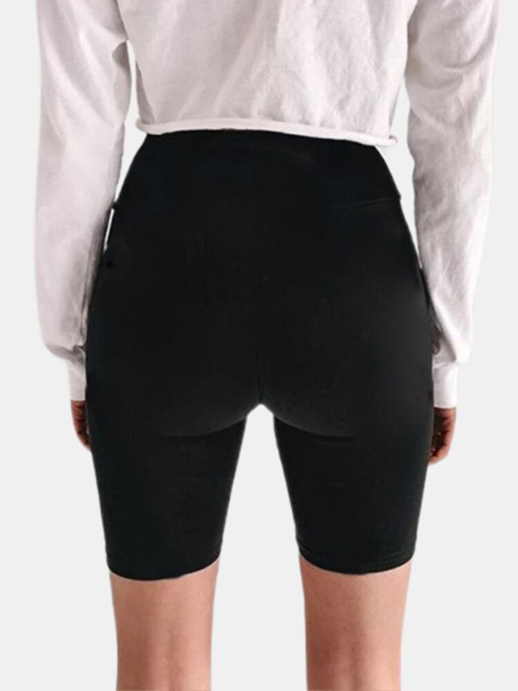 Atmungsaktive Baumwolle Damen Elastische Schwarze Bikershorts Mit Buchstabenaufdruck