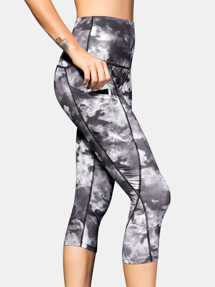 Damen Tie Dye Quick Dry High Waist Slim Sport Yoga Hose Mit Seitentasche