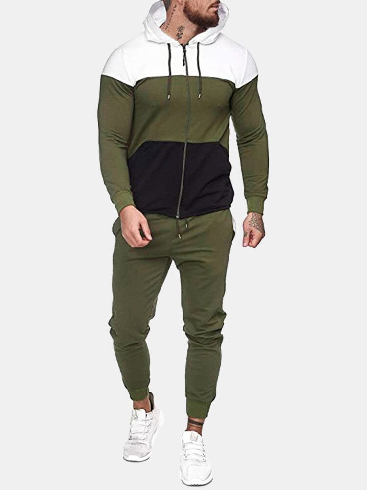 Dreifarbige Patchwork-hoodie-jacke Für Herren Mit Kordelzug Joggerhose Zweiteiliges Sport-set