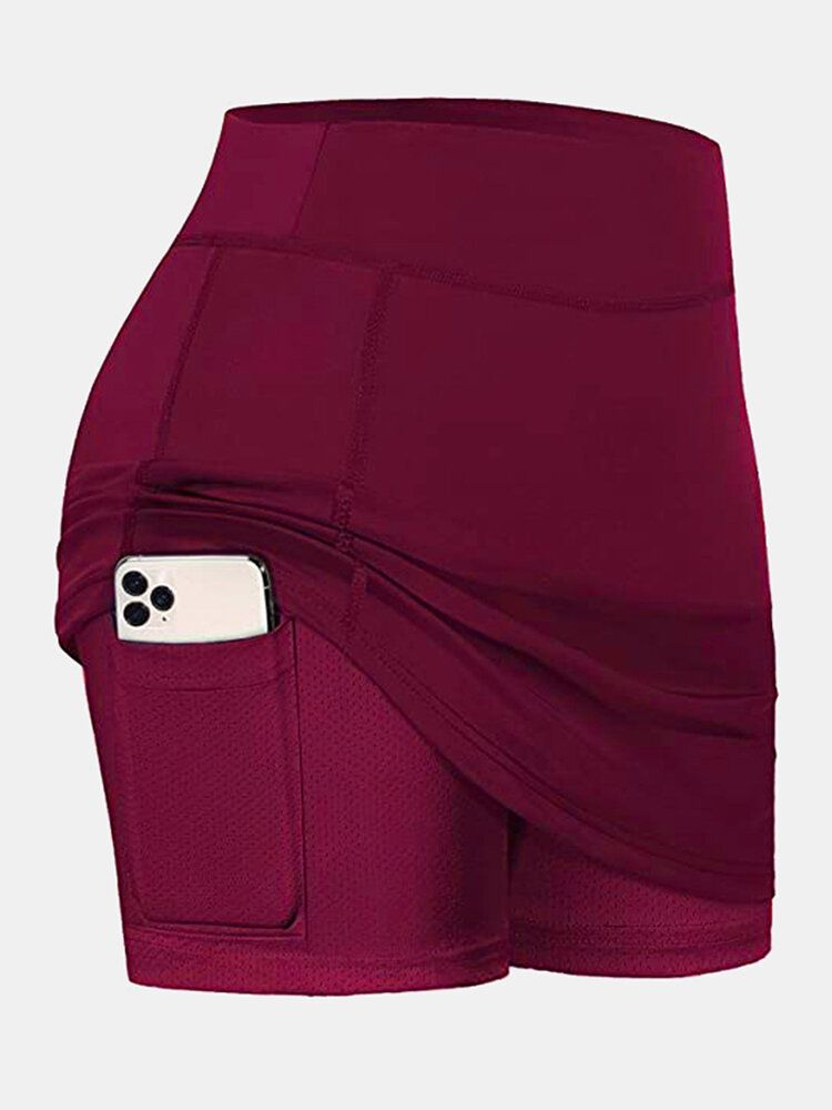 Einfarbige Damen-sportshorts Kompressionsfutter Atmungsaktiver Tennisrock Mit Tasche