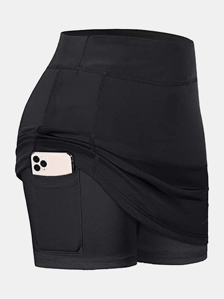 Einfarbige Damen-sportshorts Kompressionsfutter Atmungsaktiver Tennisrock Mit Tasche