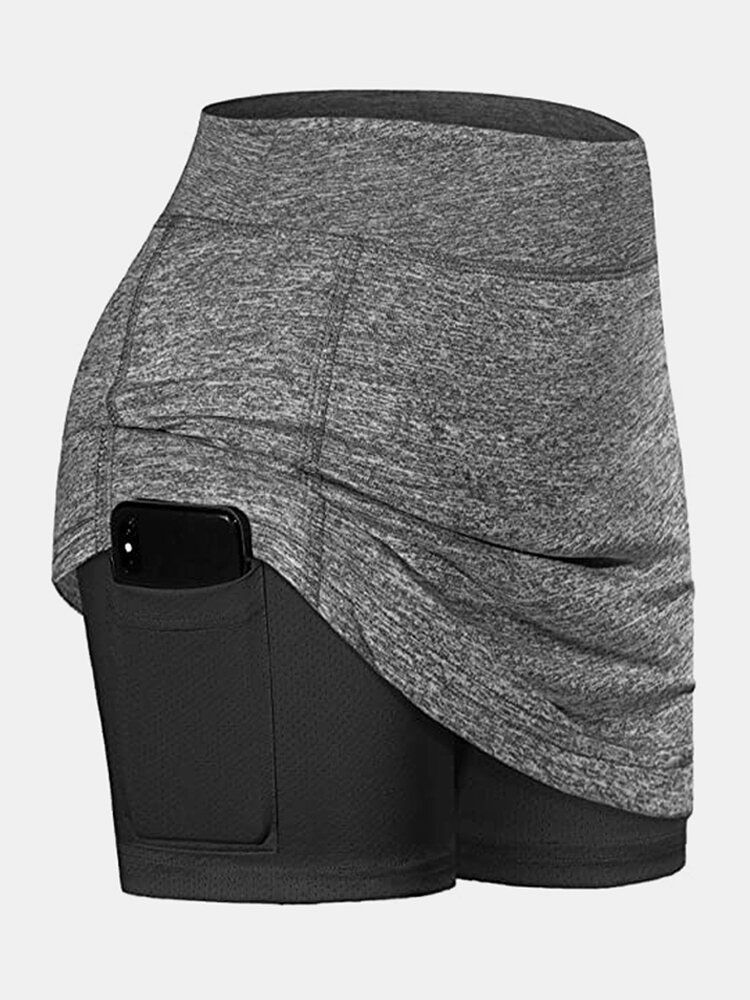 Einfarbige Damen-sportshorts Kompressionsfutter Atmungsaktiver Tennisrock Mit Tasche