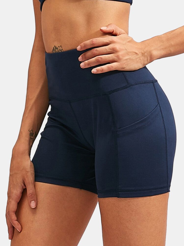 Fitness Yoga Damen Elastizität Schnell Trocknend Einfarbig Sportshorts Mit Hoher Taille