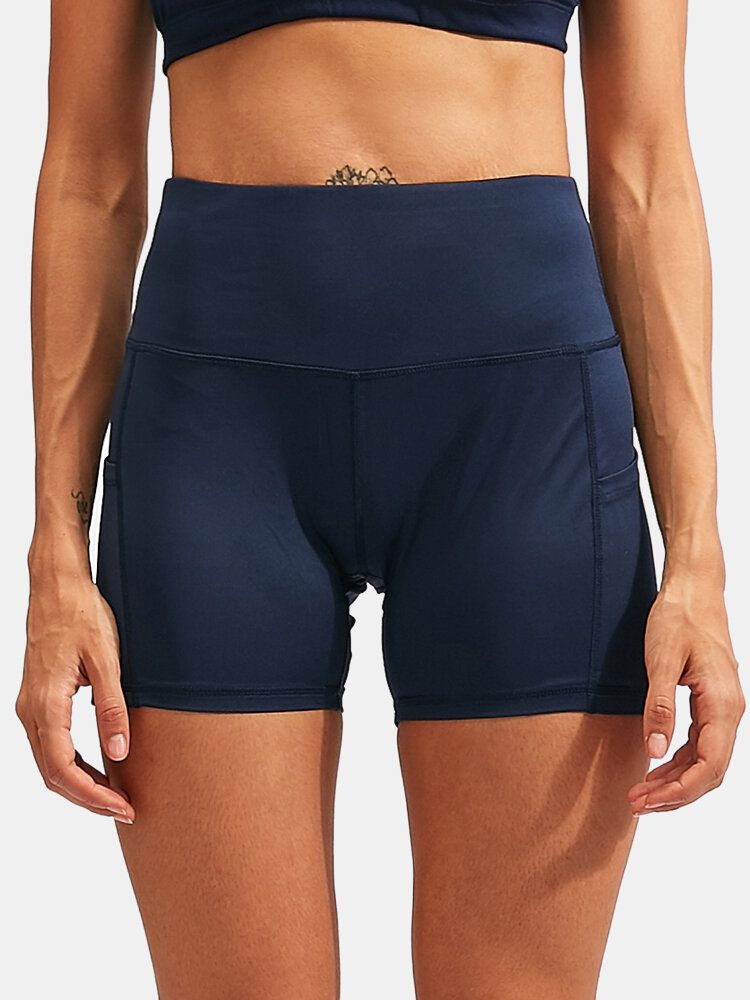 Fitness Yoga Damen Elastizität Schnell Trocknend Einfarbig Sportshorts Mit Hoher Taille