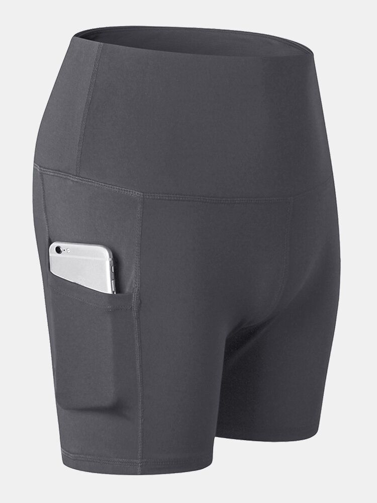 Fitness Yoga Damen Elastizität Schnell Trocknend Einfarbig Sportshorts Mit Hoher Taille