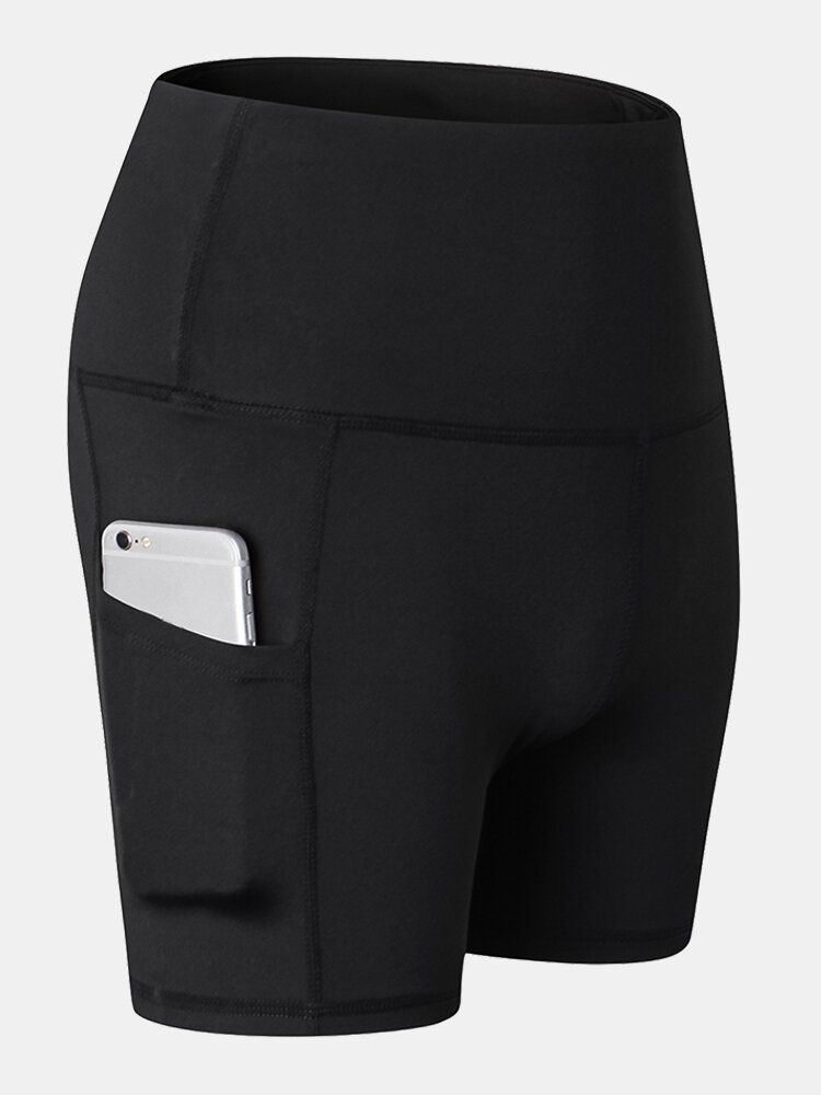 Fitness Yoga Damen Elastizität Schnell Trocknend Einfarbig Sportshorts Mit Hoher Taille