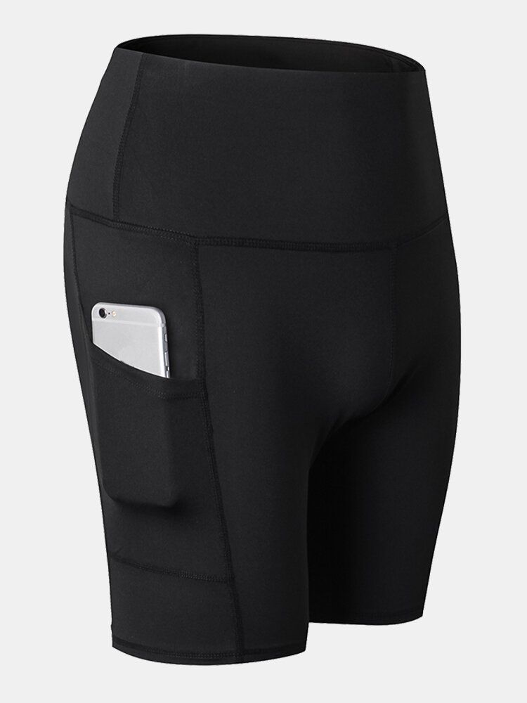 Frauen Einfarbig Schnell Trocknend Yoga Sport Hohe Elastische Shorts Mit Seitentasche