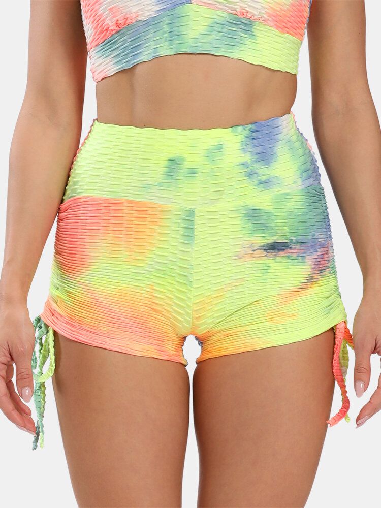 Frauen Tie Dye Jacquard Seitlicher Kordelzug Yoga Soprt High Waist Shorts